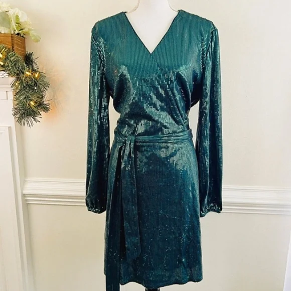 RESERVED Cara Santana x Nine West Womens Long Sleeve Sequin Faux-Wrap Emerald - Picture 3 of 7